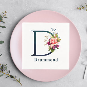 Fancy Floral Monogram Letter D Custom Wedding Napkin