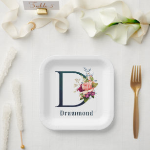 Fancy Floral Monogram Letter D Custom Wedding   Paper Plate