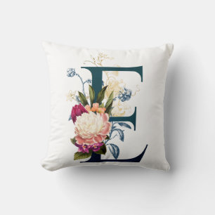 Fancy Floral Monogram Letter E Throw Pillow