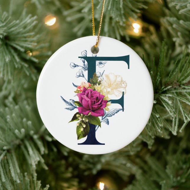 Fancy Floral Monogram Letter F Ceramic Ornament (Tree)