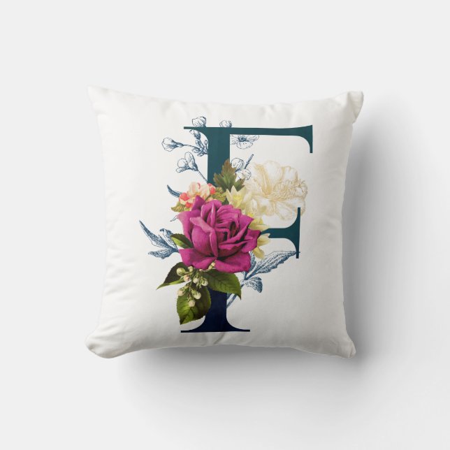 Fancy Floral Monogram Letter F Throw Pillow (Front)