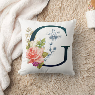 Fancy Floral Monogram Letter G Throw Pillow