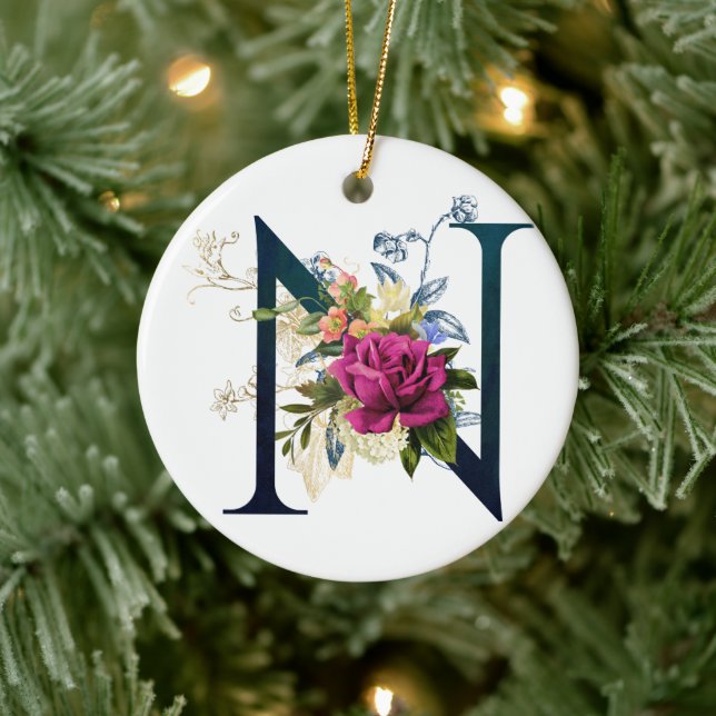 Fancy Floral Monogram Letter N Ceramic Ornament (Tree)