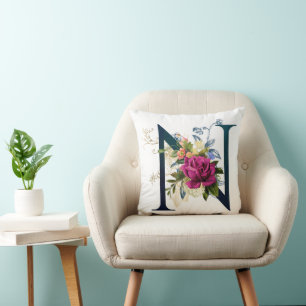 Fancy Floral Monogram Letter N Throw Pillow