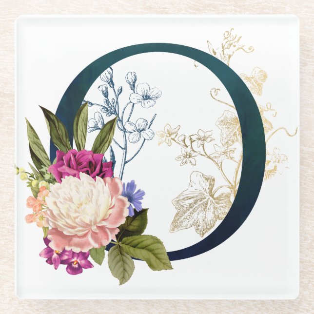Fancy Floral Monogram Letter O Glass Coaster (Front)