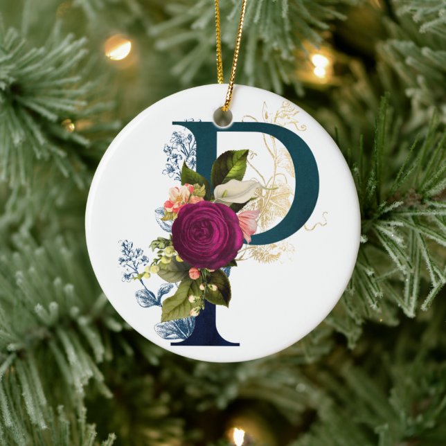 Fancy Floral Monogram Letter P Personalized Ceramic Ornament (Tree)