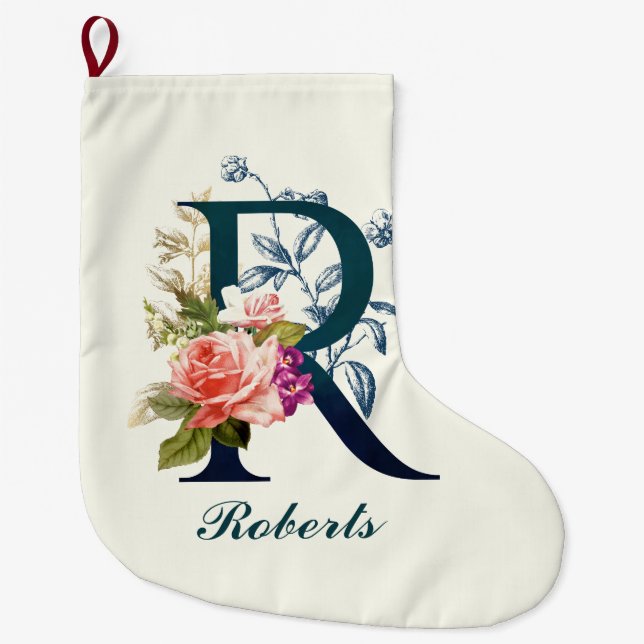 Fancy Floral Monogram Letter R   Large Christmas Stocking (Front)