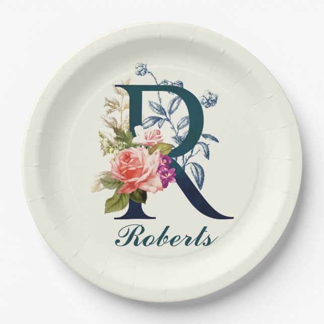 Fancy Floral Monogram Letter R Paper Plate (Front)
