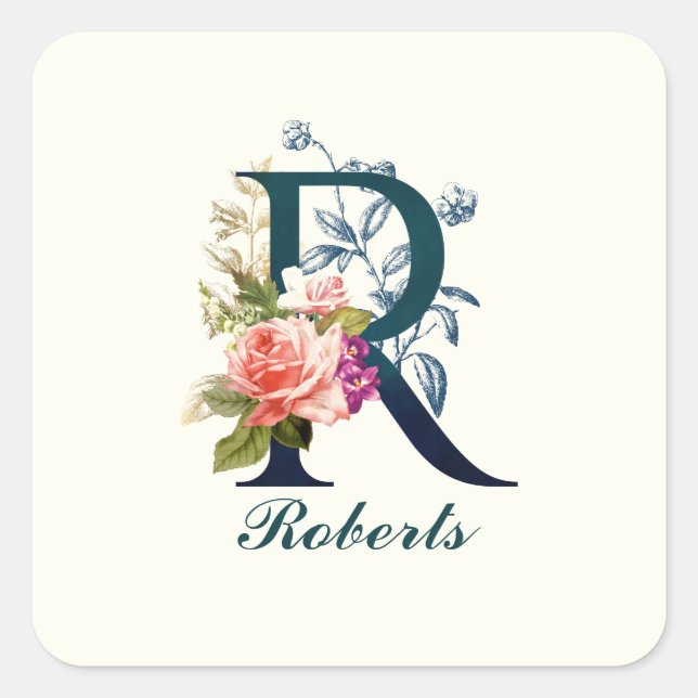 Fancy Floral Monogram Letter R Square Sticker (Front)