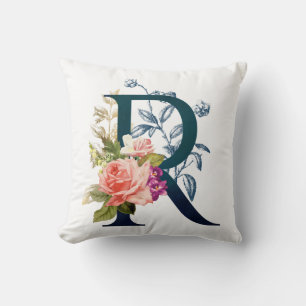 Fancy Floral Monogram Letter R Throw Pillow