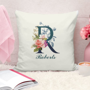 Fancy Floral Monogram Letter R Throw Pillow