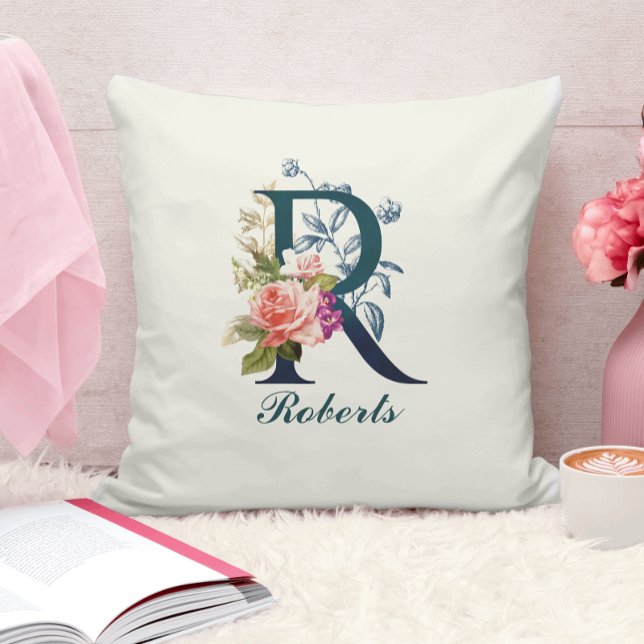 Fancy Floral Monogram Letter R Throw Pillow (Creator Uploaded)