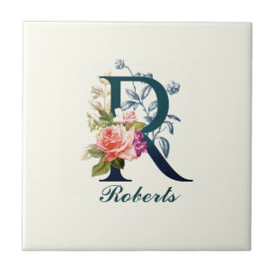 Fancy Floral Monogram Letter R Tile