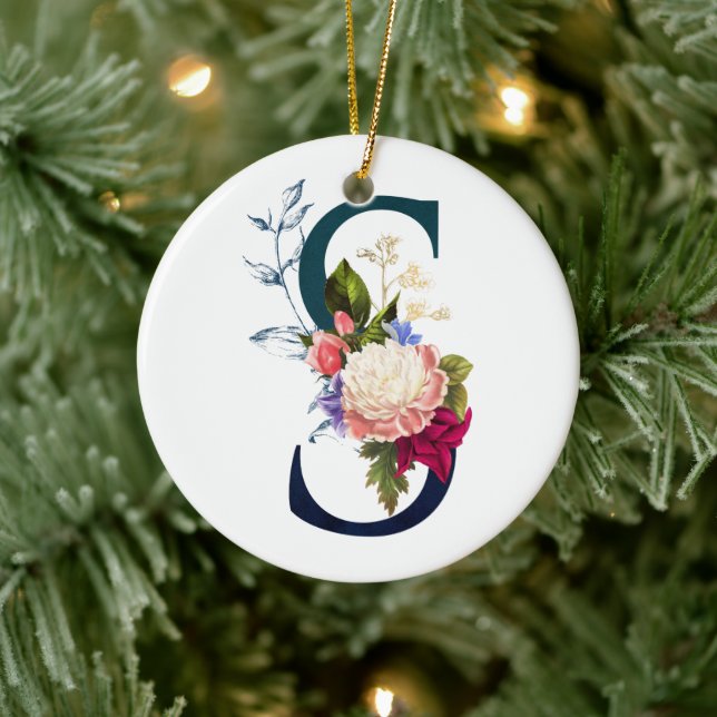 Fancy Floral Monogram Letter S Ceramic Ornament (Tree)