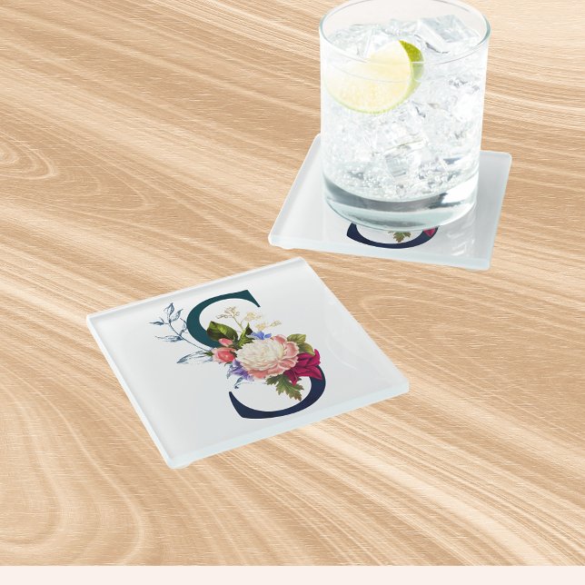 Fancy Floral Monogram Letter S Glass Coaster (Creator Uploaded)