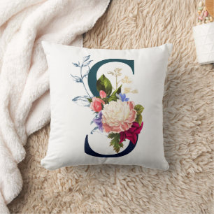 Fancy Floral Monogram Letter S Throw Pillow