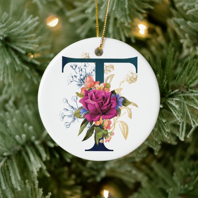 Fancy Floral Monogram Letter T Ceramic Ornament (Tree)