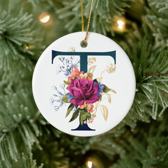 Fancy Floral Monogram Letter T Personalized Ceramic Ornament (Tree)