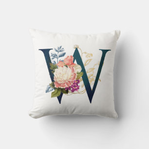 Fancy Floral Monogram Letter W Throw Pillow