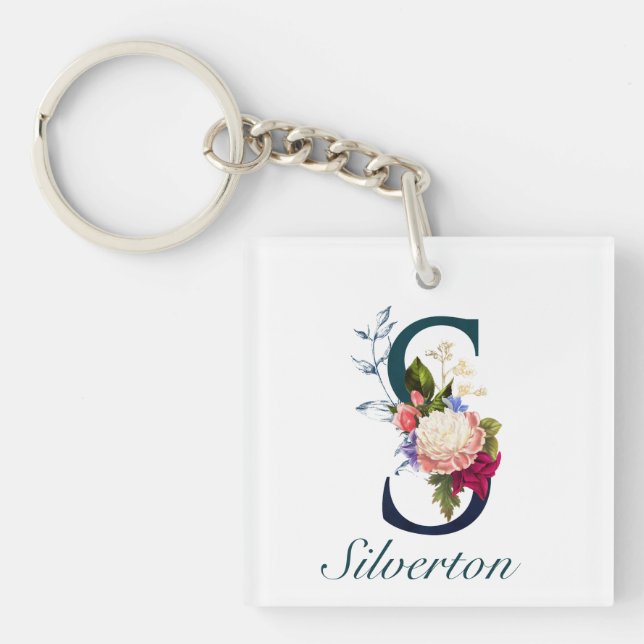 Fancy Floral Navy Monogram Letter S Keychain (Front)