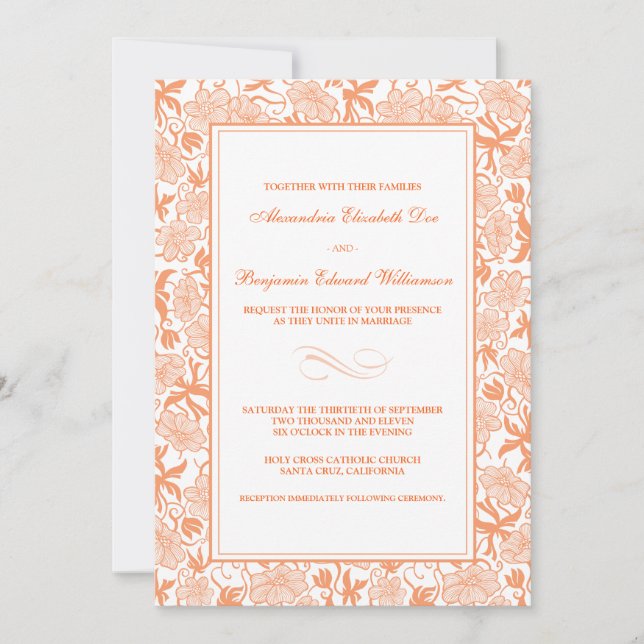 Fancy Floral Tangerine Wedding Invitation (Front)