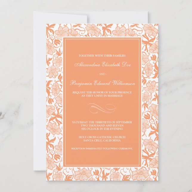 Fancy Floral Tangerine Wedding Invitation (Front)