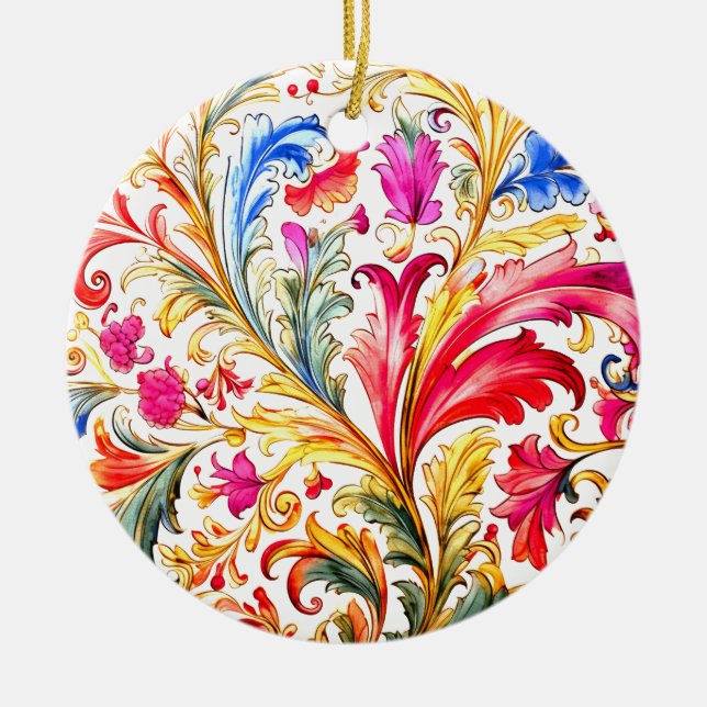 Fancy Florentine Design Watercolor Leaves Ceramic Ornament (Front)