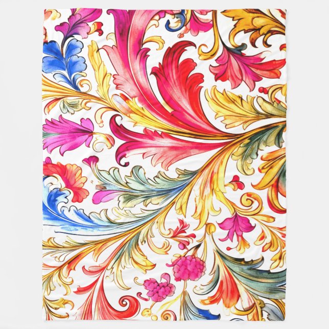 Fancy Florentine Design Watercolor Leaves Fleece Blanket (Front)
