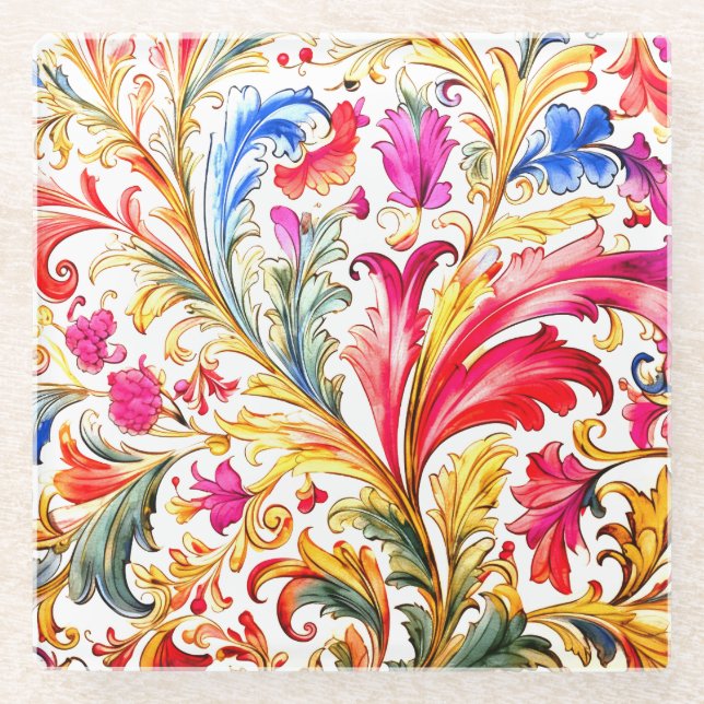 Fancy Florentine Design Watercolor Leaves Glass Coaster (Front)