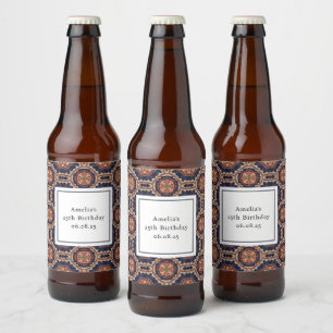 Fancy Flower and Star Shapes Pattern Birthday Beer Bottle Label