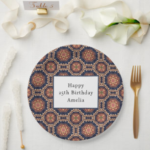 Fancy Flower and Star Shapes Pattern Birthday Paper Plate