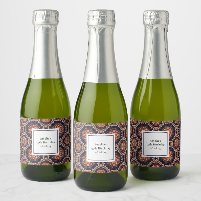 Fancy Flower and Star Shapes Pattern Birthday Sparkling Wine Label (Bottles)