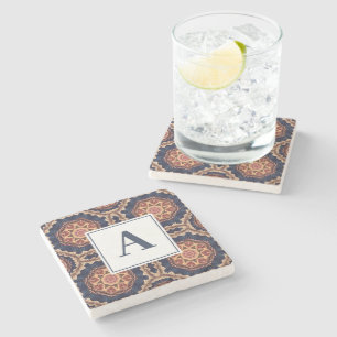 Fancy Flower and Star Shapes Pattern Monogram Stone Coaster