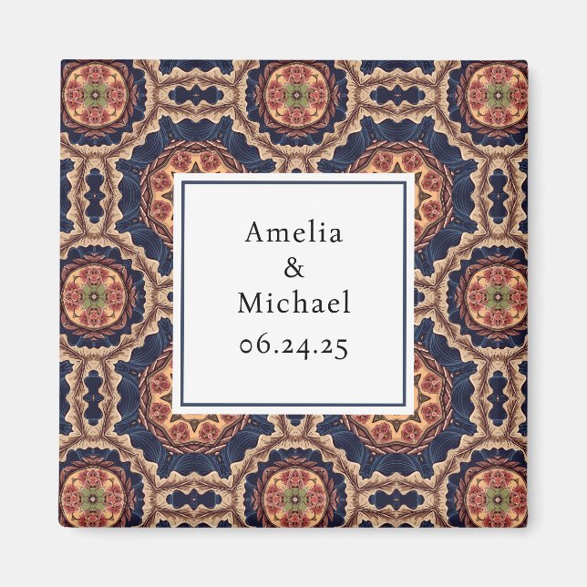 Fancy Flower and Star Shapes Pattern Save the Date Magnet (Front)