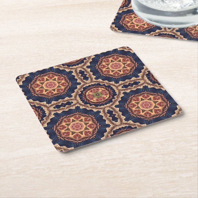 Fancy Flower and Star Shapes Pattern Square Paper Coaster (Angled)