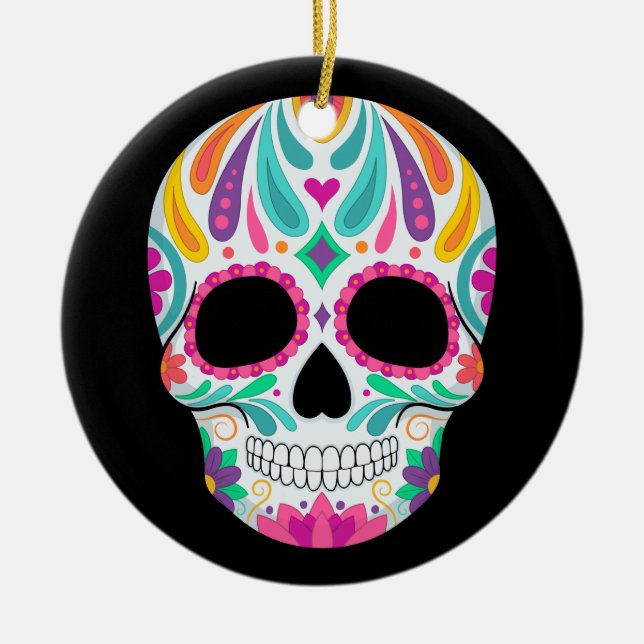 Fancy Flowered Sugar Skull Ceramic Ornament (Front)