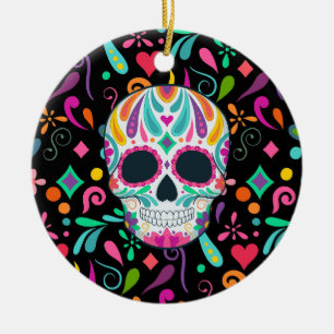 Fancy Flowered Sugar Skull Ceramic Ornament