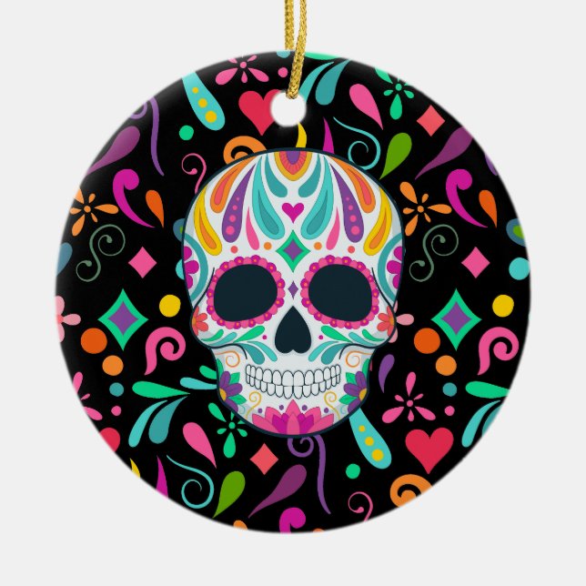 Fancy Flowered Sugar Skull Ceramic Ornament (Front)