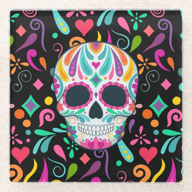 Fancy Flowered Sugar Skull Glass Coaster (Front)