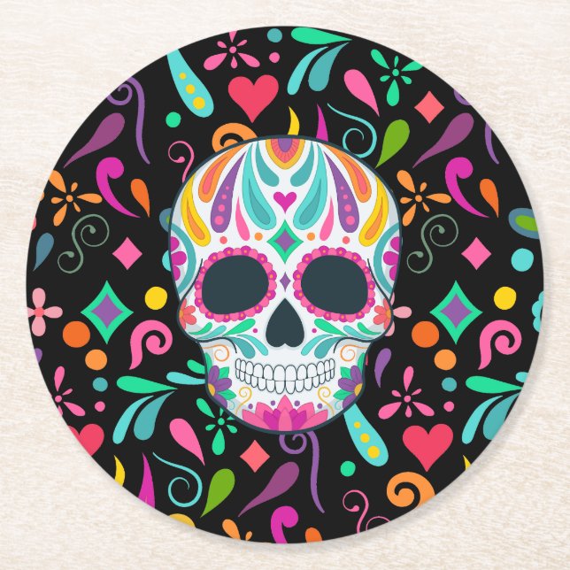 Fancy Flowered Sugar Skull Round Paper Coaster (Front)
