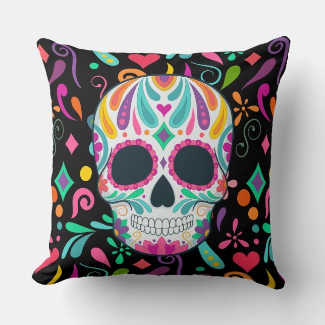 Fancy Flowered Sugar Skull Throw Pillow (Front)