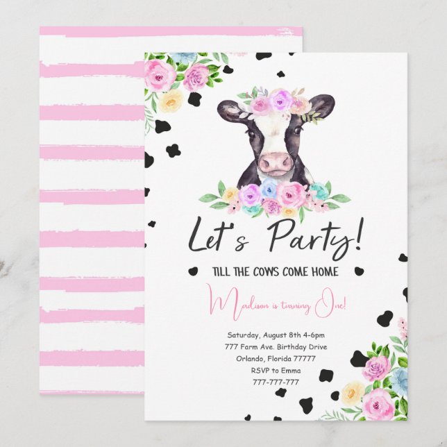 Fancy Font Cow Birthday Invitation (Front/Back)