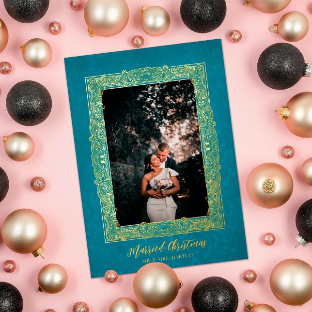 Fancy Frame on Turquoise Married Christmas Photo Foil Holiday Card (Creator Uploaded)