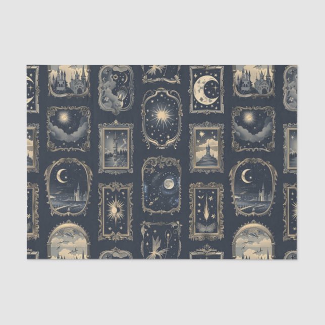 Fancy Framed Celestial Pictures on Blue Background Tissue Paper (Front)