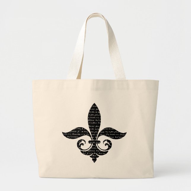 Fancy French Fleur De Lis with French Script Large Tote Bag (Front)