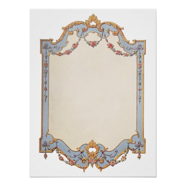 Fancy French Vintage Frame Blue Gold Scroll Rose Poster (Front)