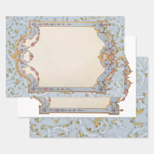 Fancy French Vintage Frame Blue Gold Scroll Rose  Wrapping Paper Sheet