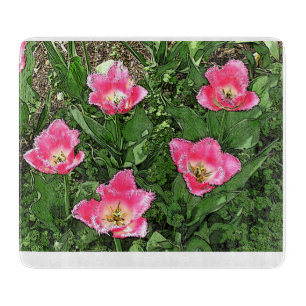 "FANCY FRILLS PINK AND WHITE FRINGED TULIPS/GLASS CUTTING BOARD