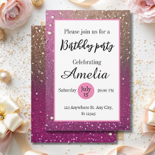 Fancy girly hot pink gold glitter birthday invitation