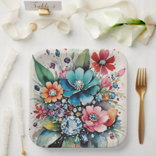 Fancy Glam Flowers Gems And Sparkling Jewels Paper Plate